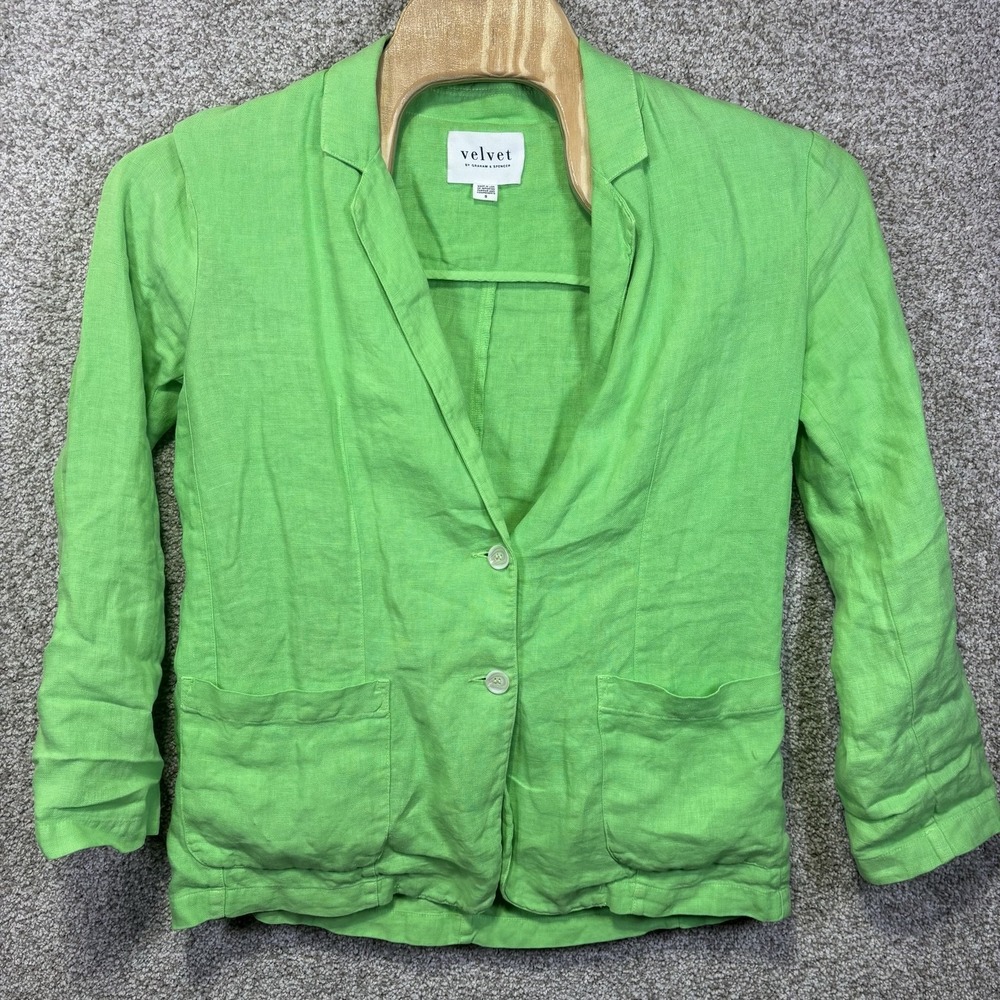 Velvet By Graham & Spencer Blazer Womens Small Green Linen Two Button Jacket